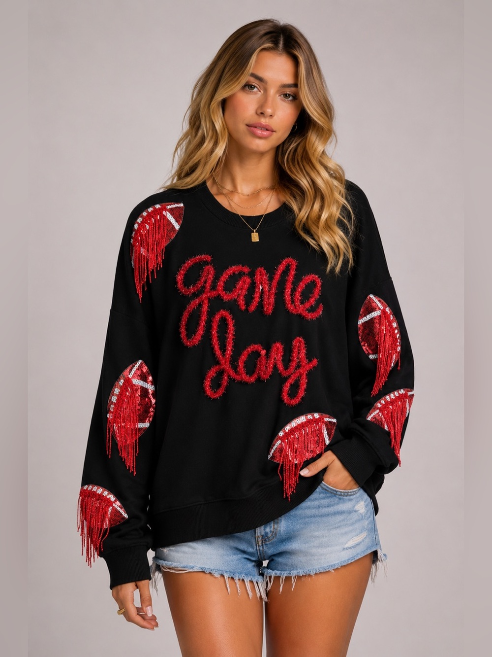 Red sequin bling football game day sweatshirt pullover tunic top